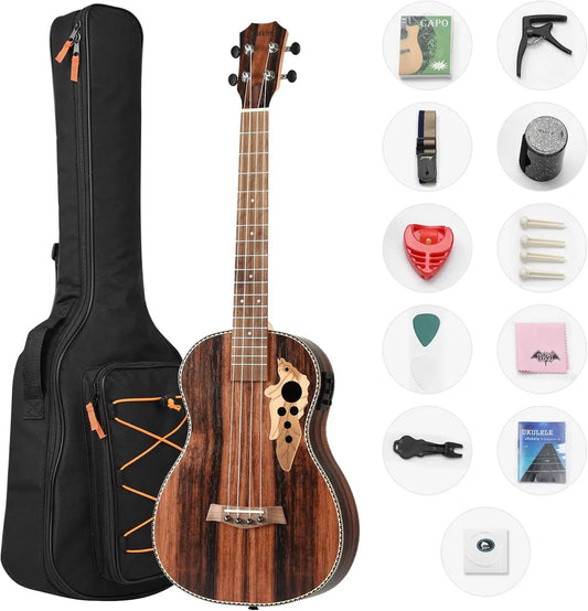 30 Inch All Blackwood Baritone Acoustic Electric Left Hand Ukulele With Truss Rod with EQ with Gig Bag,Strap,Nylon String