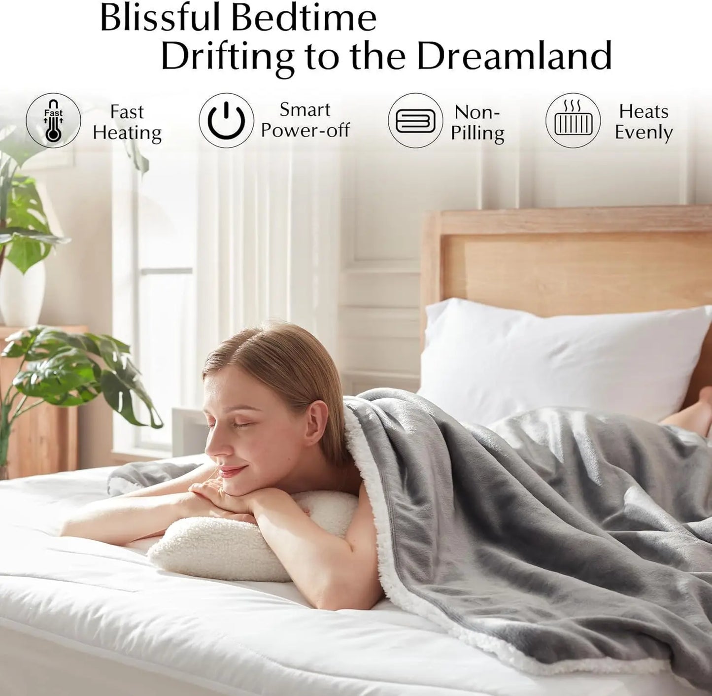 King Size Electric Heated Blanket with Dual Control, 6 Heat Levels & Auto-Off, Soft Flannel Sherpa Material