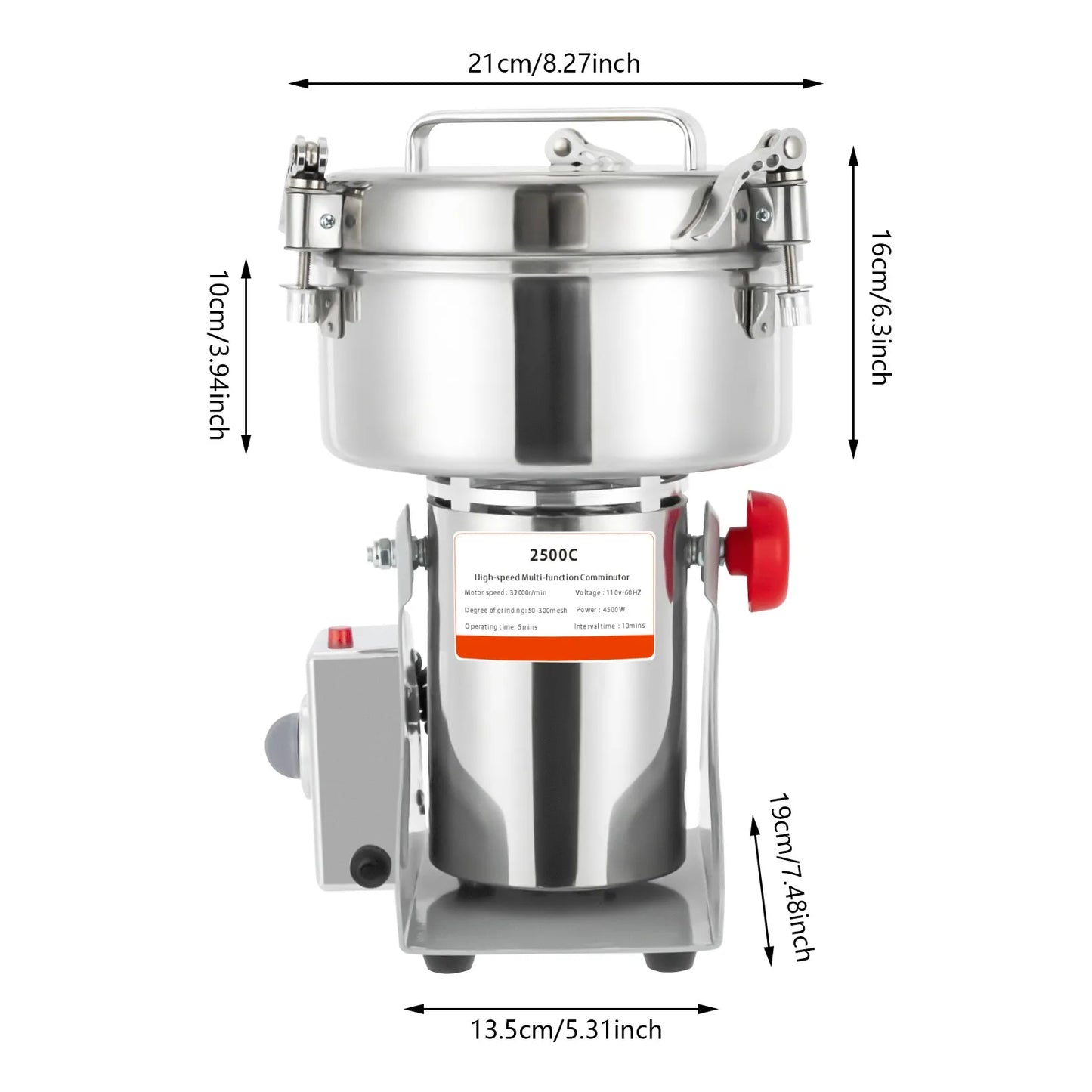 Commercial Spice Grinder 4500W Electric Grain Mill 32000RPM 2500g Capacity for Grains Spices Coffee Beans