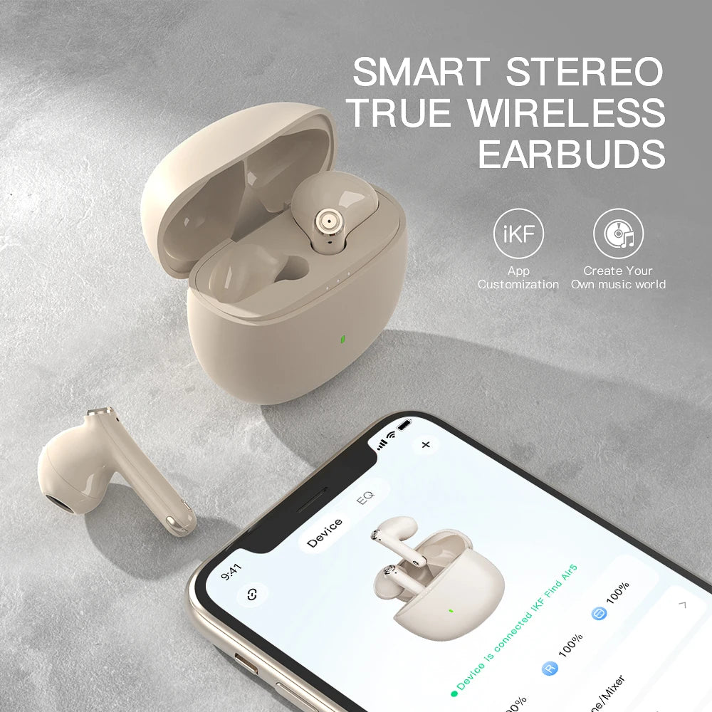 iKF-Find Air5 True Wireless Headphones Bluetooth App Control TWS Headset IPX5 Waterproof HiFi Earphone Gaming Earbuds with 4 Mic