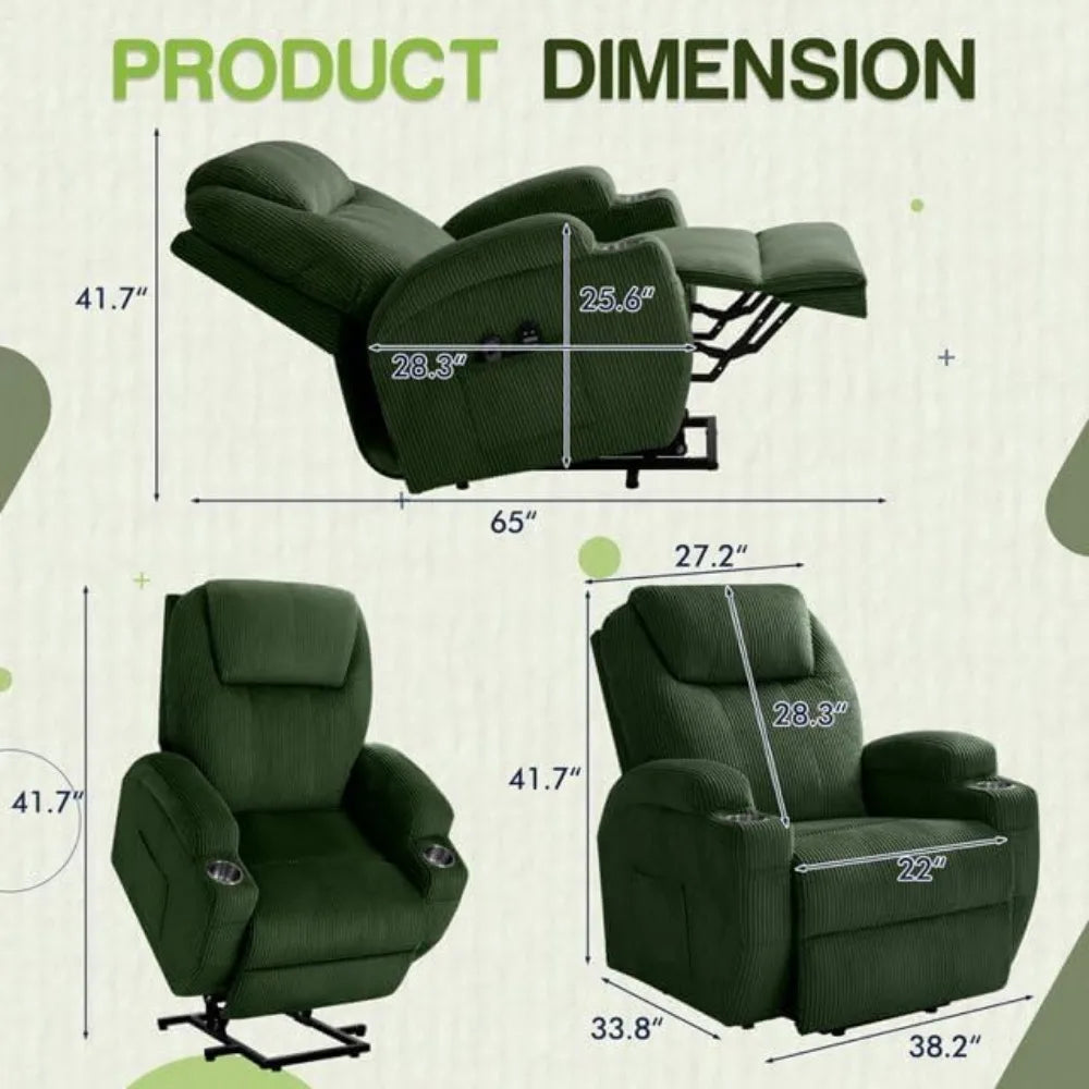 Massage Electric Power Lift Recliner Chair for Seniors with Corduroy Fabric, Cup Holders and Side Pockets