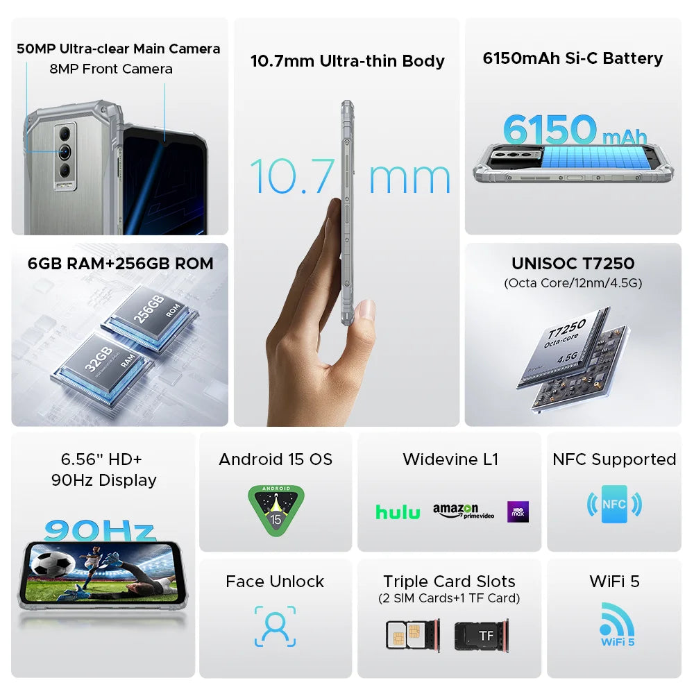 DOOGEE Blade10 Pro Energy Rugged Phone 6.56'' Screen 10.7mm Ultra-thin 6GB RAM 256GB ROM 6150mAh Battery Android 15  Smartphone