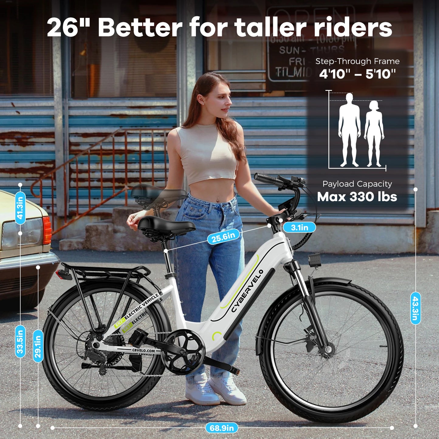 Cybervelo 1000w Motor Peak E-Bike, 80Miles+ 25AH Removable Battery for adult, 26" Electric Bike with 7-Speed city commuter EK7