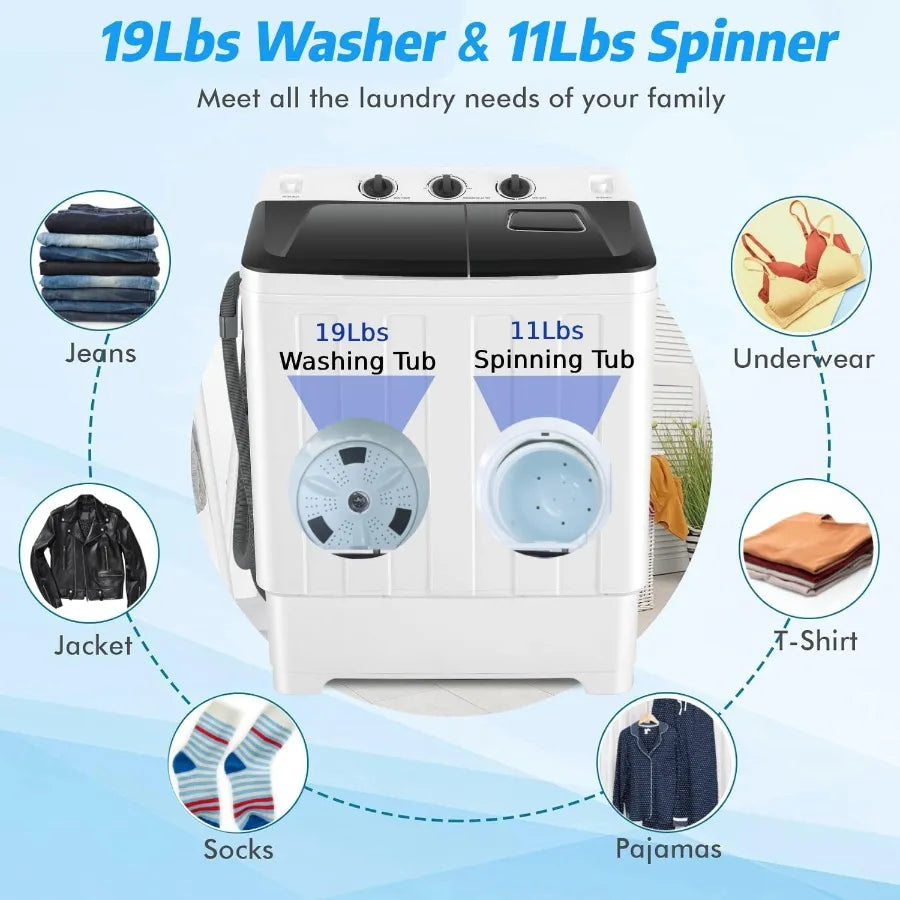 Portable Washing Machine 30Lbs Capacity Washer and Dryer Combo 2 In 1 Compact Twin Tub Laundry Washer 19Lbs Spinner (11Lbs) wit
