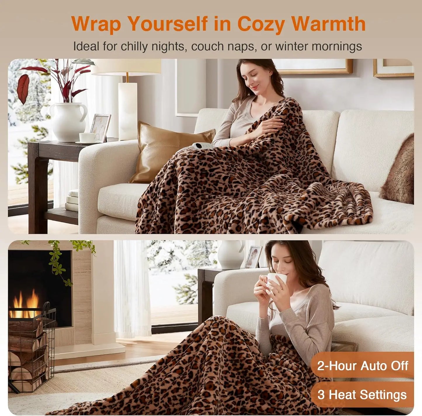 Electric Heated Throw Blanket, Auto Shut Off, Zero EMF, 3 Heat Settings, Machine Washable, Leopard Print 50x60
