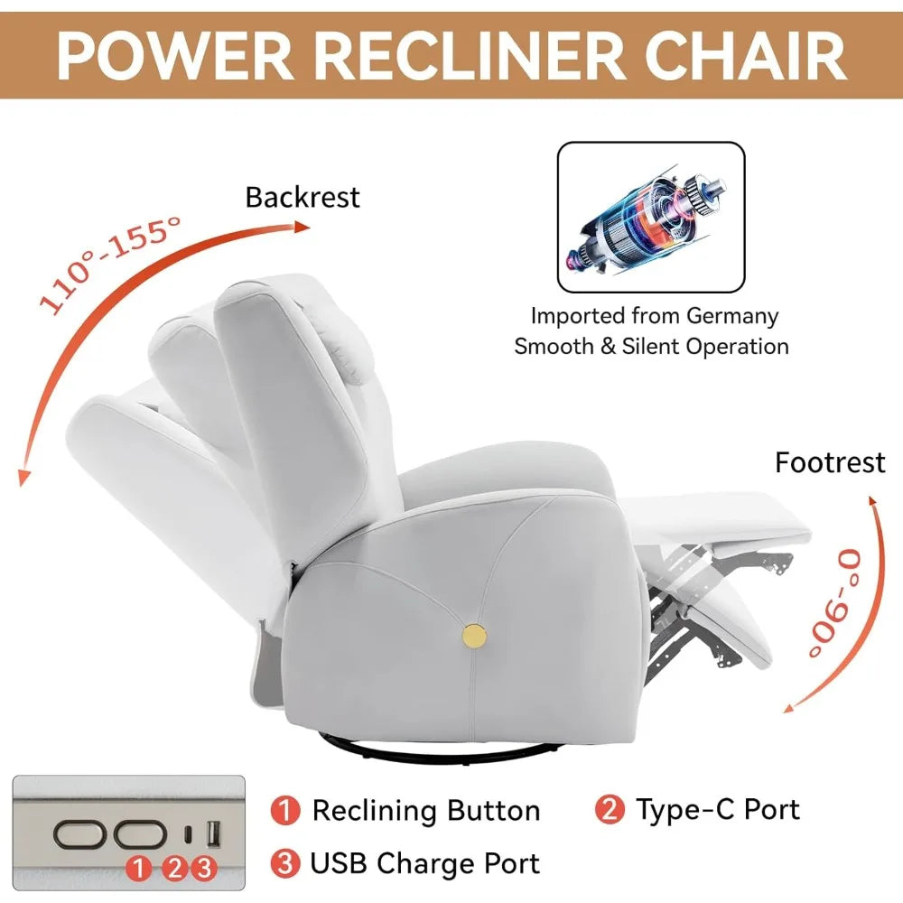 Nursery Swivel Glider Rocker Chair, Power Reclining with Adjustable Headrest and USB Ports