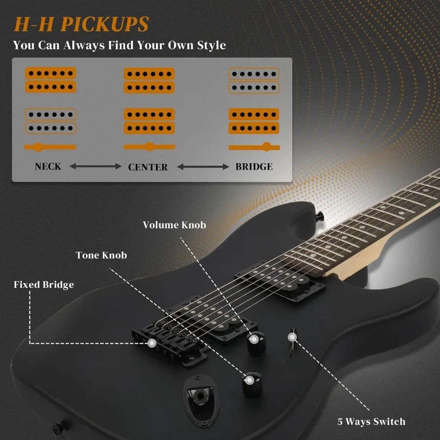 39 Inch Electric Guitar Full Size Solid Body with H-H Pickups 6 Strings for Beginners Complete Starter Kit Featuring Upgraded C