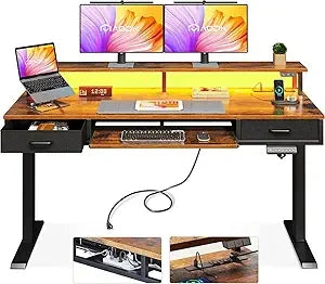 Electric Standing Desk with Drawers & Keyboard Tray, 55 Inch Height Adjustable Gaming Desk with Power Outlets & LED Lights, Sit