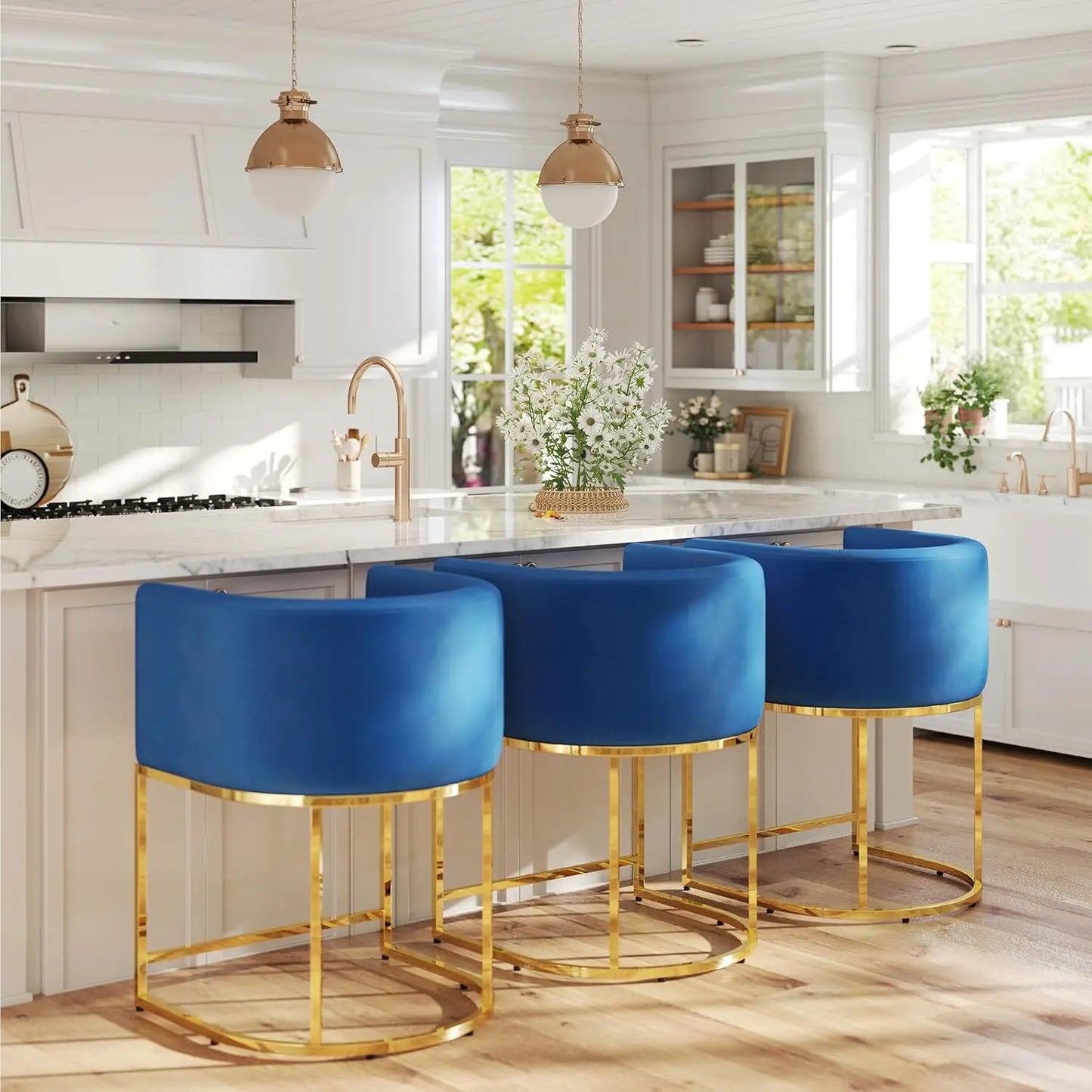 Modern Counter Height Linen Fabric Upholstered Counter Stools Set of 3, 24 Inch Kitchen Island Stool with Black, Customized