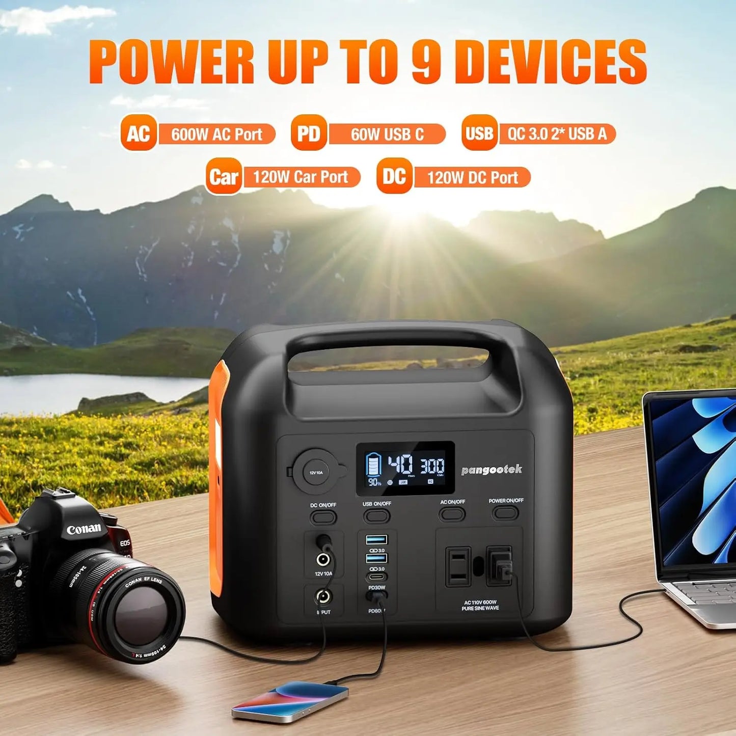 600W Portable Power Station with 299Wh LiFePO4 Battery, Solar Generator, Pure Sine Wave AC Outlets for Camping and Backup