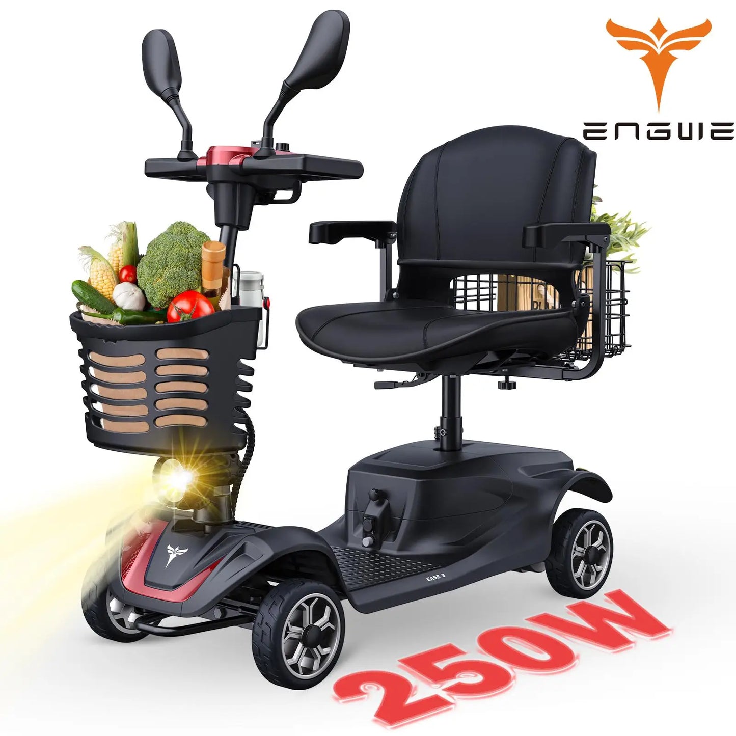 ENGWE 4-Wheel Mobility Scooter, 250W Motor, 5.6MPH, 24V 12Ah Battery, Dual Baskets, Foldable, Easy Control, Outdoor & Daily Use