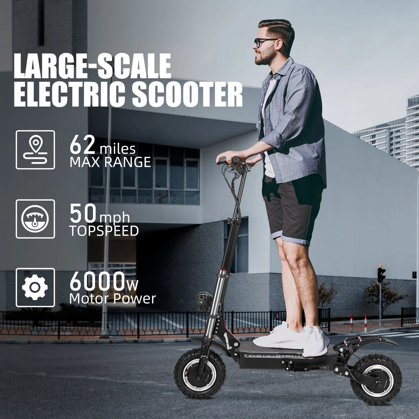 6000W High Power Adult Electric Scooter  Off-Road Commute Foldable 60V 38Ah Large Battery 60 Miles Range 50 Mph Fast E-Scooter