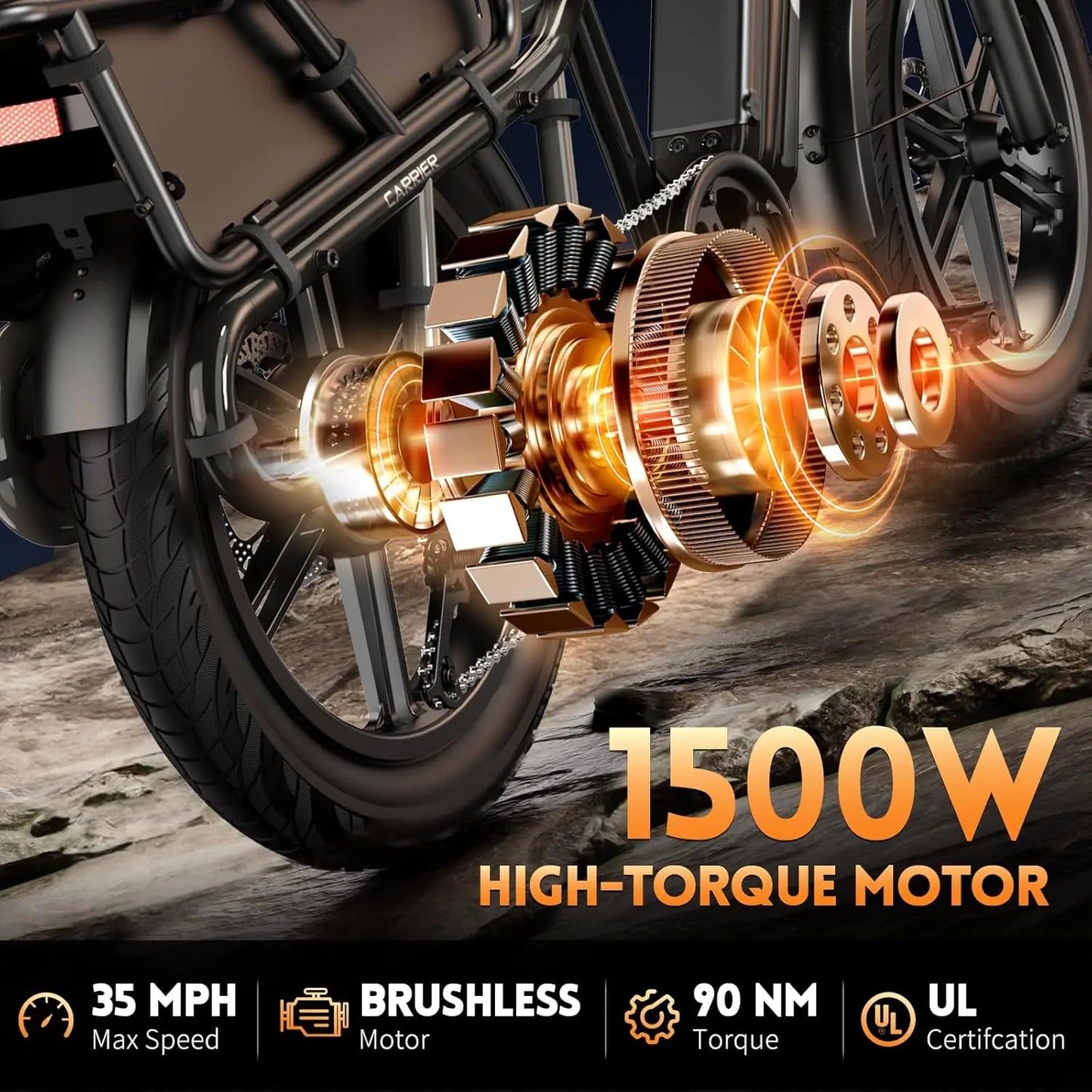 TST K004 1500W Cargo E-Bike, 20" fat tires, 60 miles range, 28MPH, 48V 15Ah removable battery, rear rack with basket.