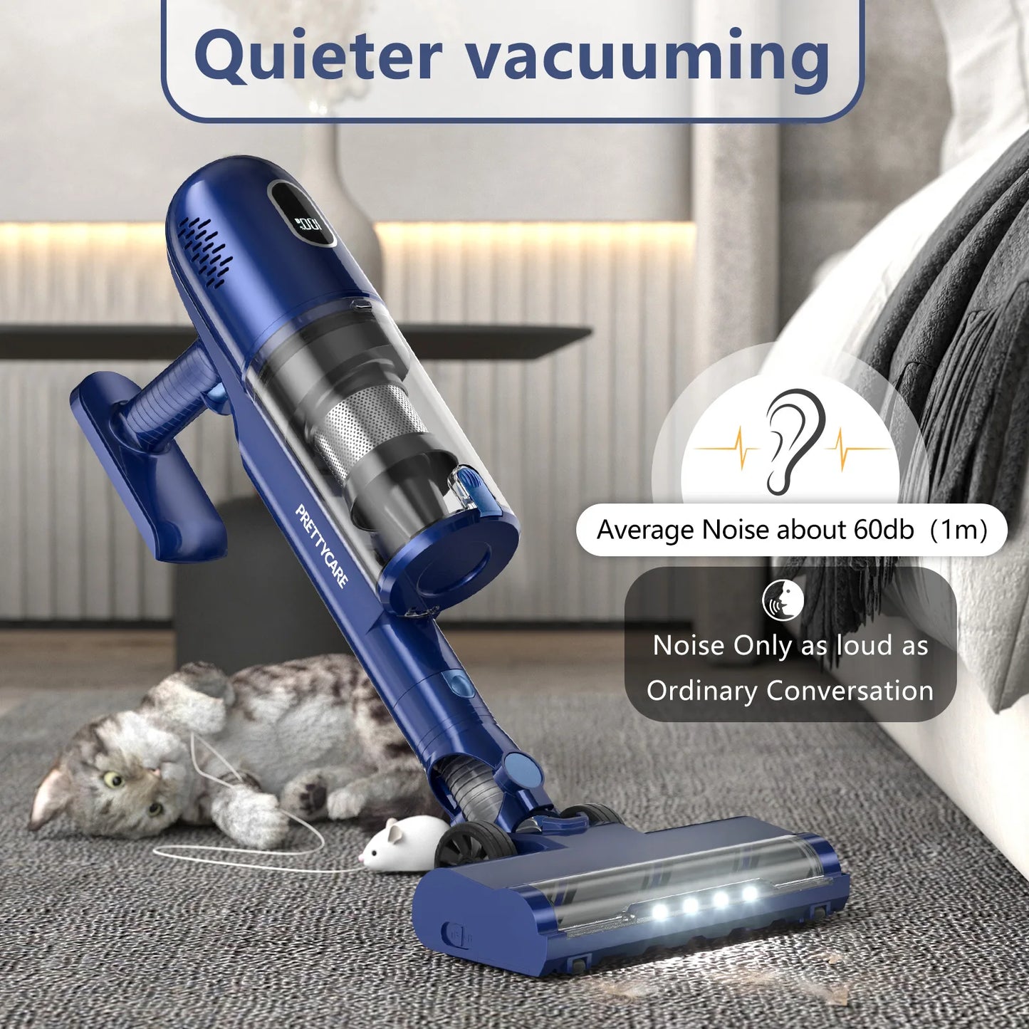PrettyCare P1 Cordless Vacuum Cleaner 45 Mins 28Kpa Powerful Stick Vacuum with Brushless Motor LED Touch Display