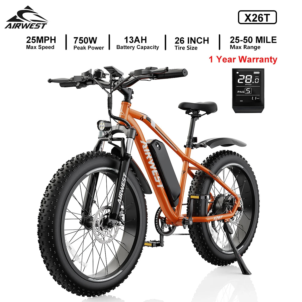 AIRWEST X26T Adult Electric Bike，Peak Power Motor 750W ，26"x4 Fat Tire，48V 13Ah Battery，25MPH，E-bike UL 2849, 1 Year Warranty