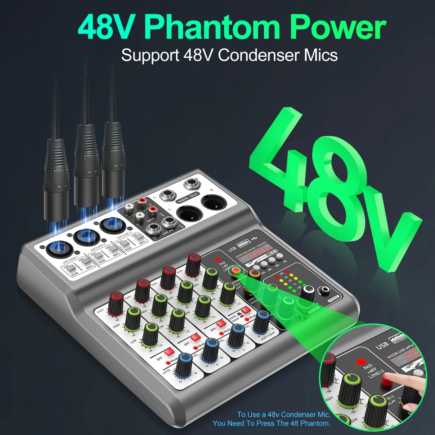 Aveek Professional Audio Mixer,Sound Board Mixing Console with 5Channel Digital USB Bluetooth Echo Delay Effect,Input 48V Stereo