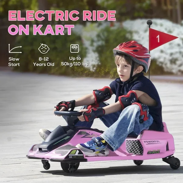 12V Electric Go Kart, 5 MPH Drifting Car, Battery Powered Ride-on Toy with Music & Lights, Pink, for 8-12 Years Old