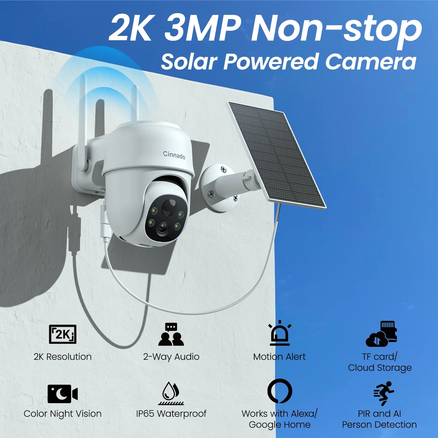 Cinnado 2K Solar/Battery Powered Cameras for 360° Home Security, 2.4G WiFi Outdoor Camera Wireless, Human Detection