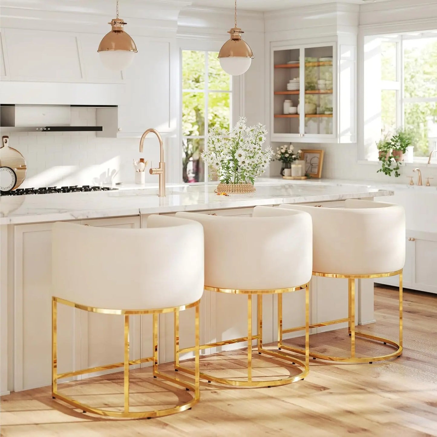 Modern Counter Height Linen Fabric Upholstered Counter Stools Set of 3, 24 Inch Kitchen Island Stool with Black, Customized