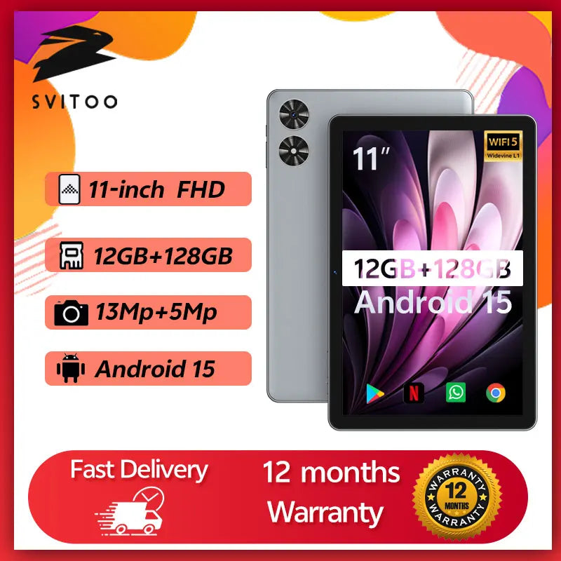 SVITOO 11-inch 2025 Tablet Android 15 12GB RAM 128GB ROM Octa Core 8000mah  Android Tablet PC 13MP+5MP HD Android Tablets