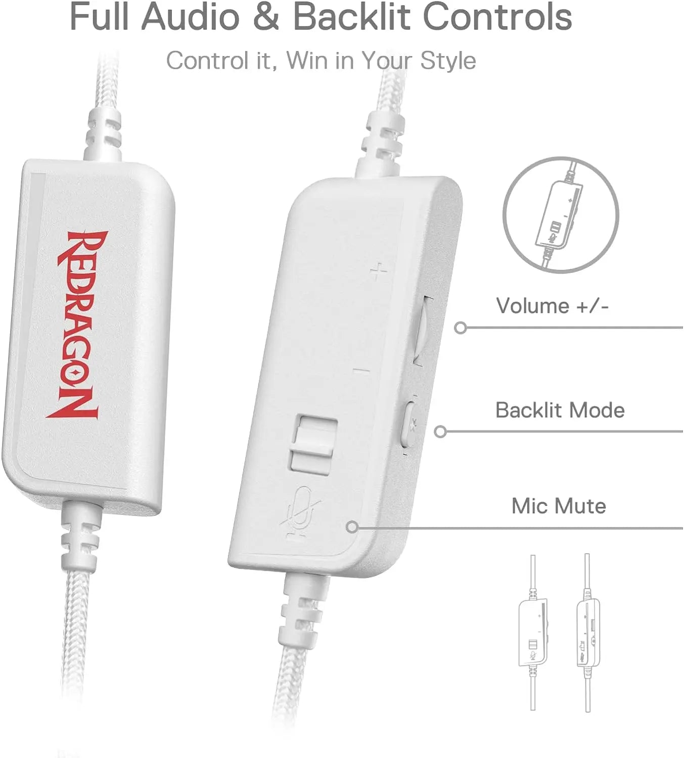 Redragon H350 White Wired Gaming Headset Dynamic RGB Backlight Stereo Surround  50MM Drivers Over-Ear Headphones