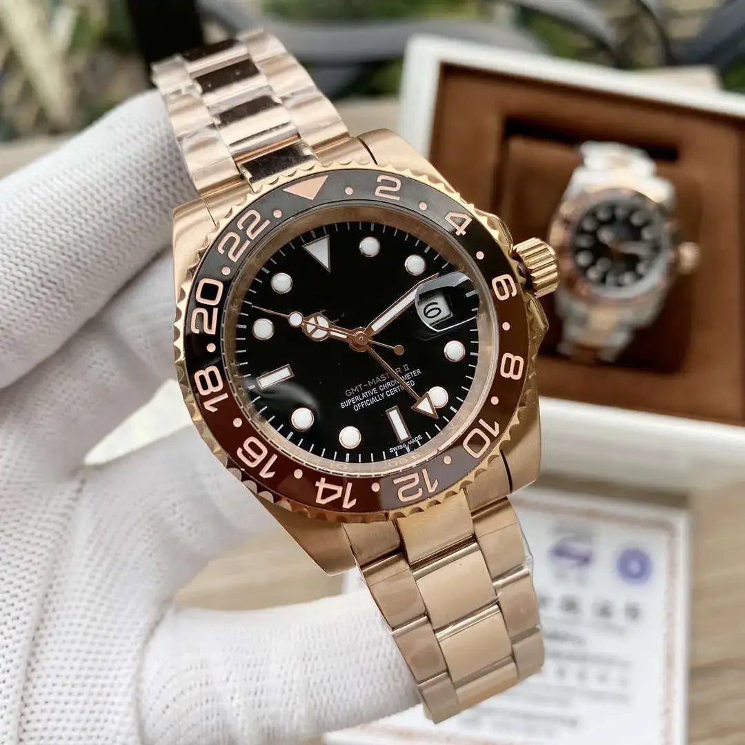 40mm Yellow Gold NH34 GMT Automatic Watch For Men Ceramics Grey Black Bezel Sapphire Glass Luminous Dial Waterproof