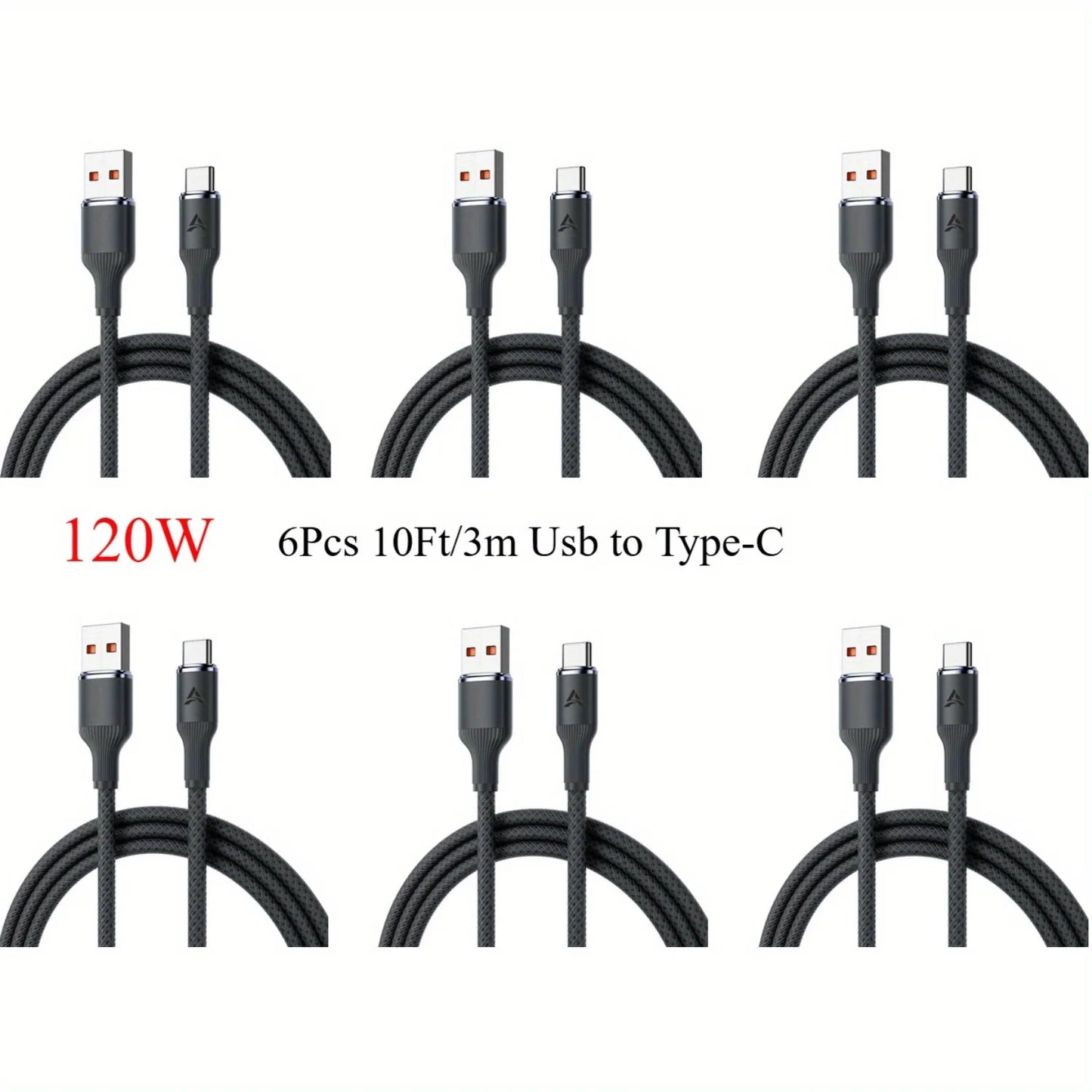 6Pcs 10Ft/3m Usb to Type-C fast charging data cable, 120W Super fast charging cable, suitable for various devices with Type-C