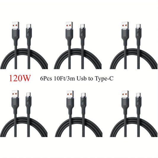 6Pcs 10Ft/3m Usb to Type-C fast charging data cable, 120W Super fast charging cable, suitable for various devices with Type-C