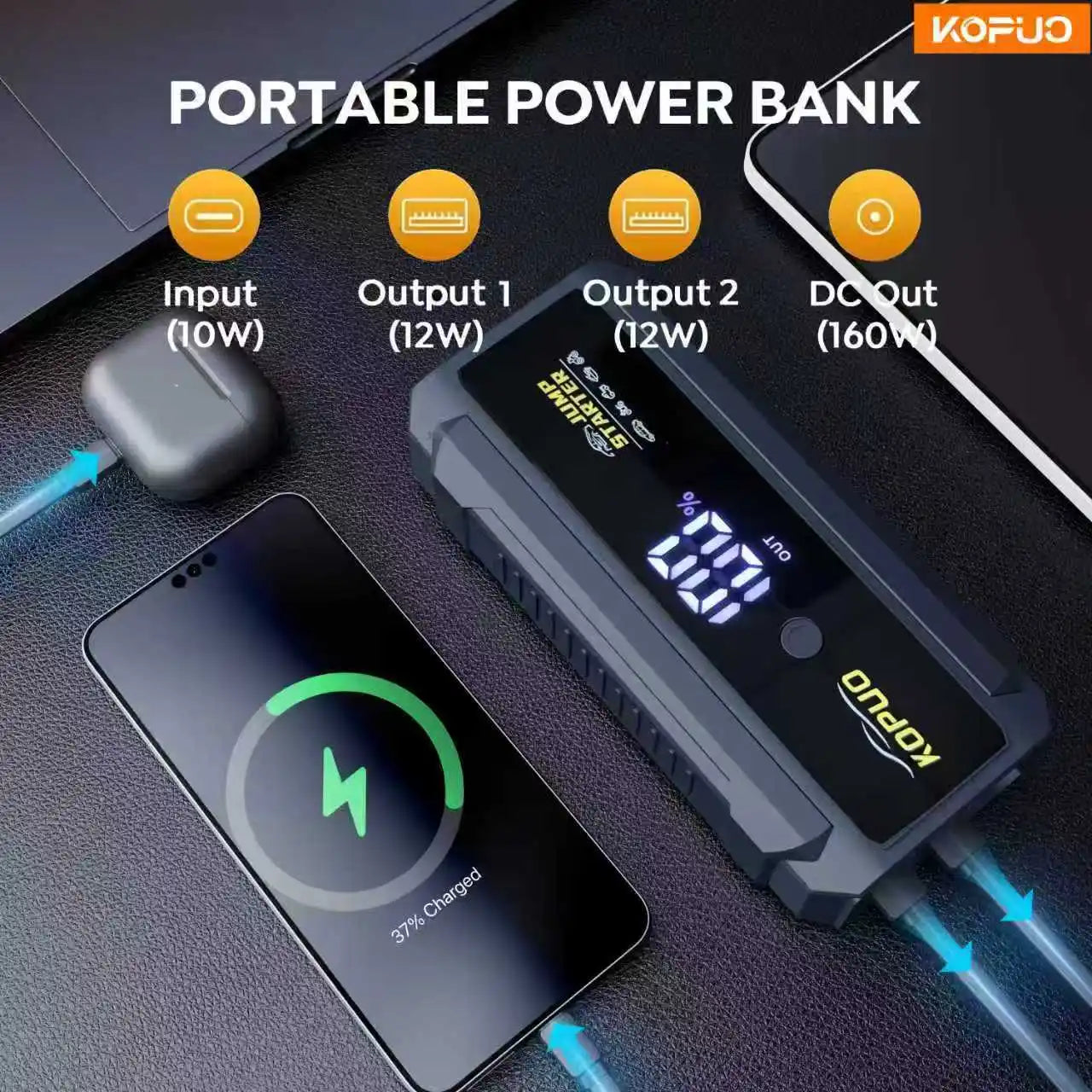 KOPUO 2000A Car Jump Starter Power Bank Portable Emergency Booster 12V Auto Starting Device for 8.0L Gas/6.0L Diesel Engines
