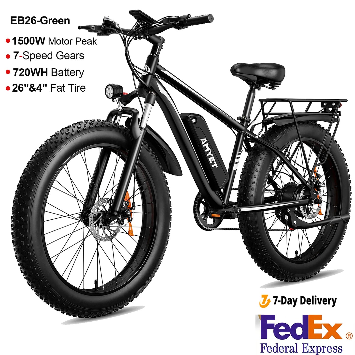 AMYET Electric Bike EB26 Blue Adults Electric Bicycle 28mph Peak 1500W 720WH Ebike 26" Fat Tire Mountain Bike Electric Dirt Bike