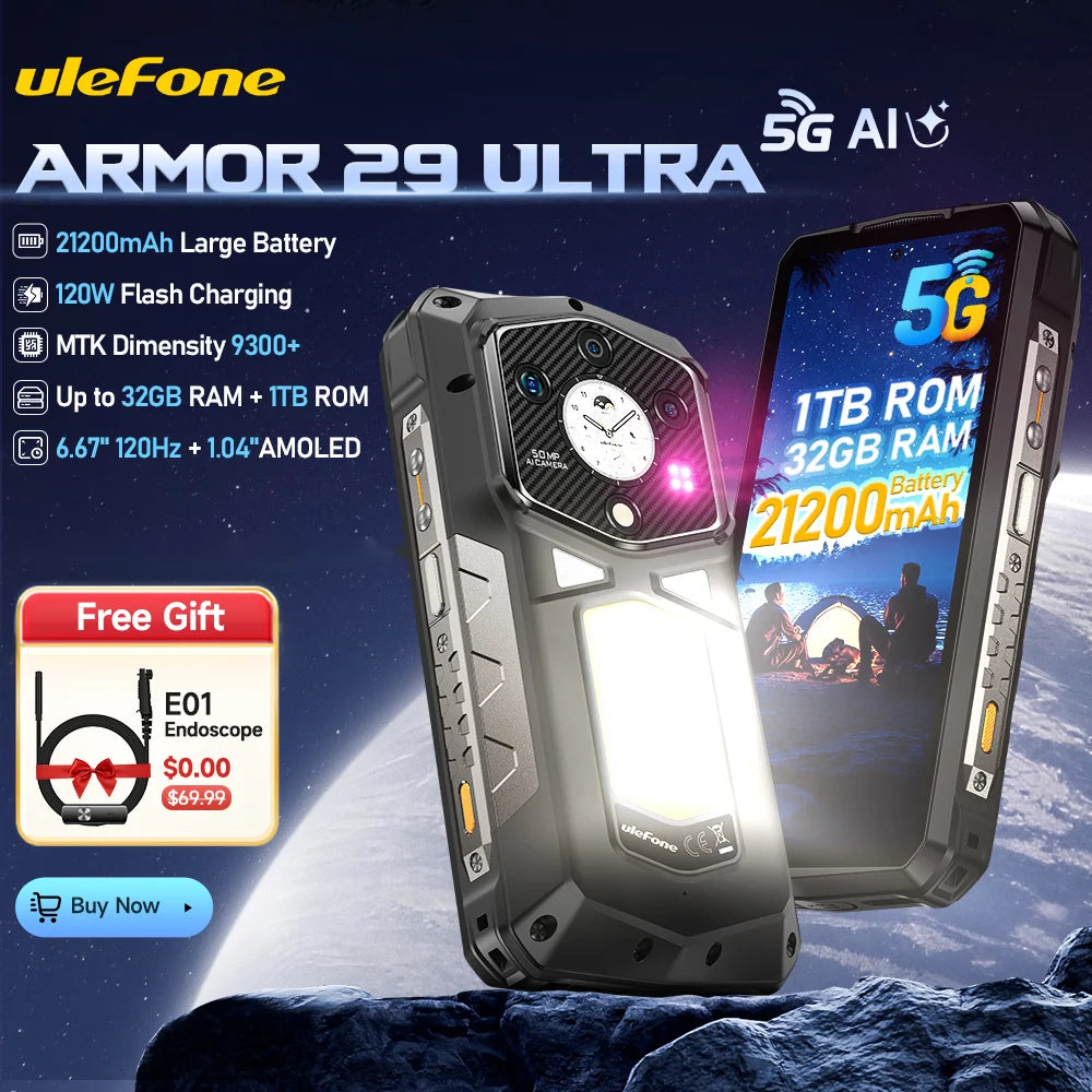 Ulefone Armor 29 Ultra 5G AI Rugged Phone Dual Screen Dimensity 9300+21200mAh 120Hz 1TB ROM 64MP, NFC, Android 15 Smartphone