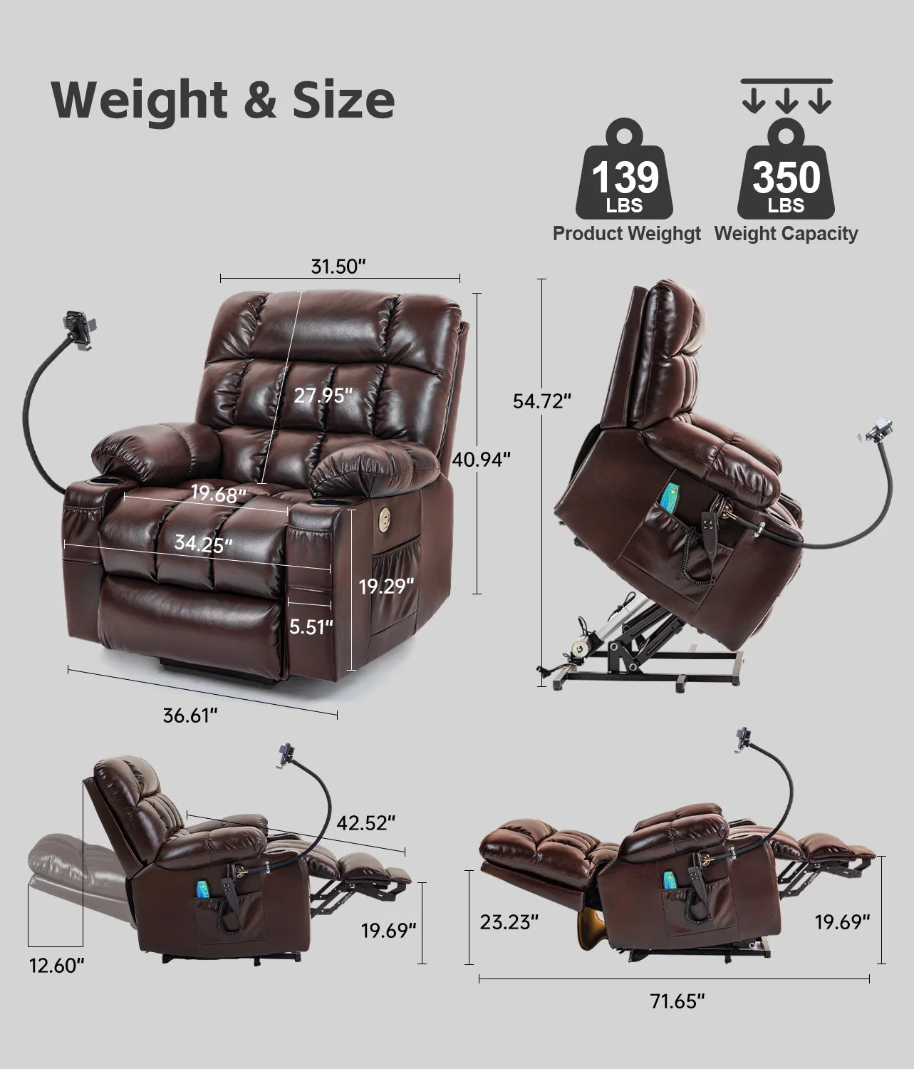 Leather Heated Lift Recliner Chair with Dual Motor, Massage, Cup Holder, Wireless Charging, USB, Brown