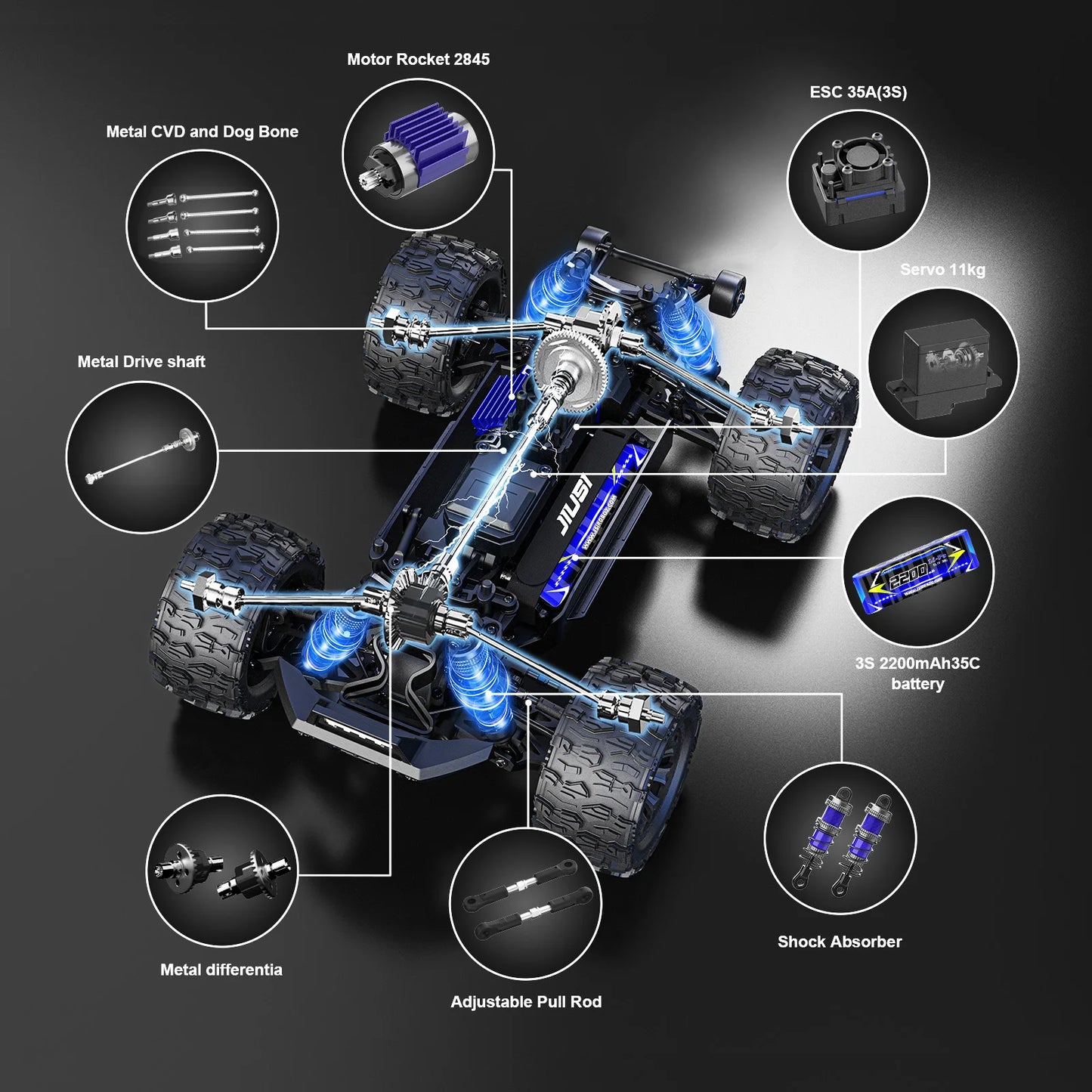 JIUSI PT14R 1/14 Brushless RC Car 4WD Remote Control Monster Truck 3S Battery 80KM/H High Speed Off-road RC Car for Aduit/Kids