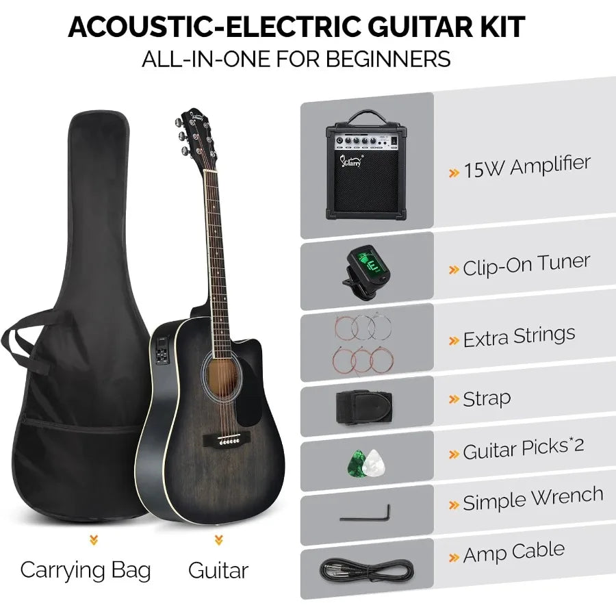 Full Size 6 Strings Acoustic Electric Guitar Beginner Kit w/ 15W Amp Cutaway 41 Inch Electric Acoustic Guitar w/Inbuilt