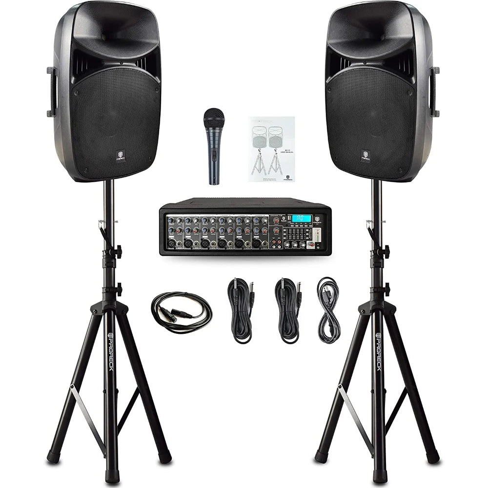 PRORECK Powered MX15 15inch 2500W Bluetooth PA System Mixer/Amp with Stands/Mic Effect Controller 48V Phantom Power, DJ SET