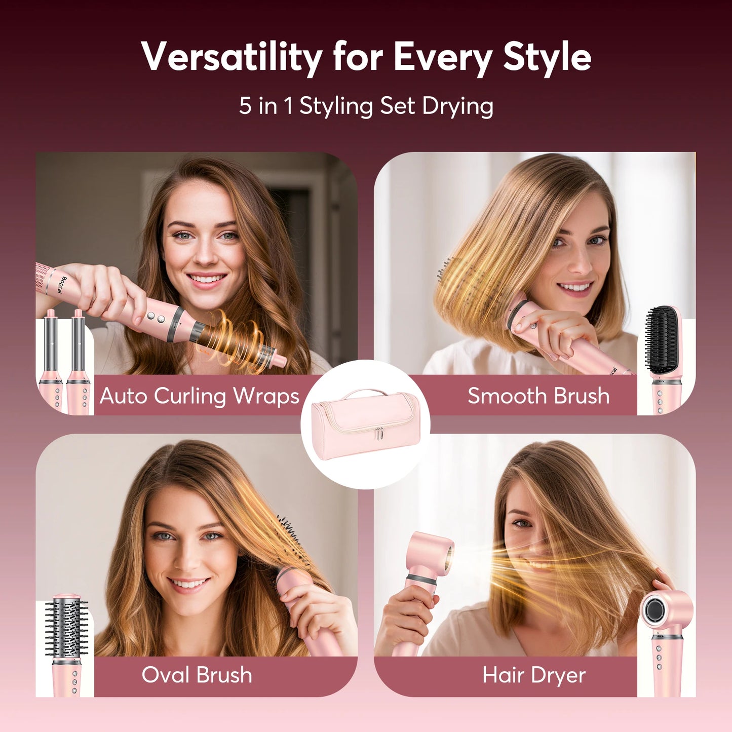 5 in 1 hair dryer brush set with Bag Professional Frizz-Free Auto Wrap Curler, High-Speed Hair Dryer,Straightening & Blow Dryer