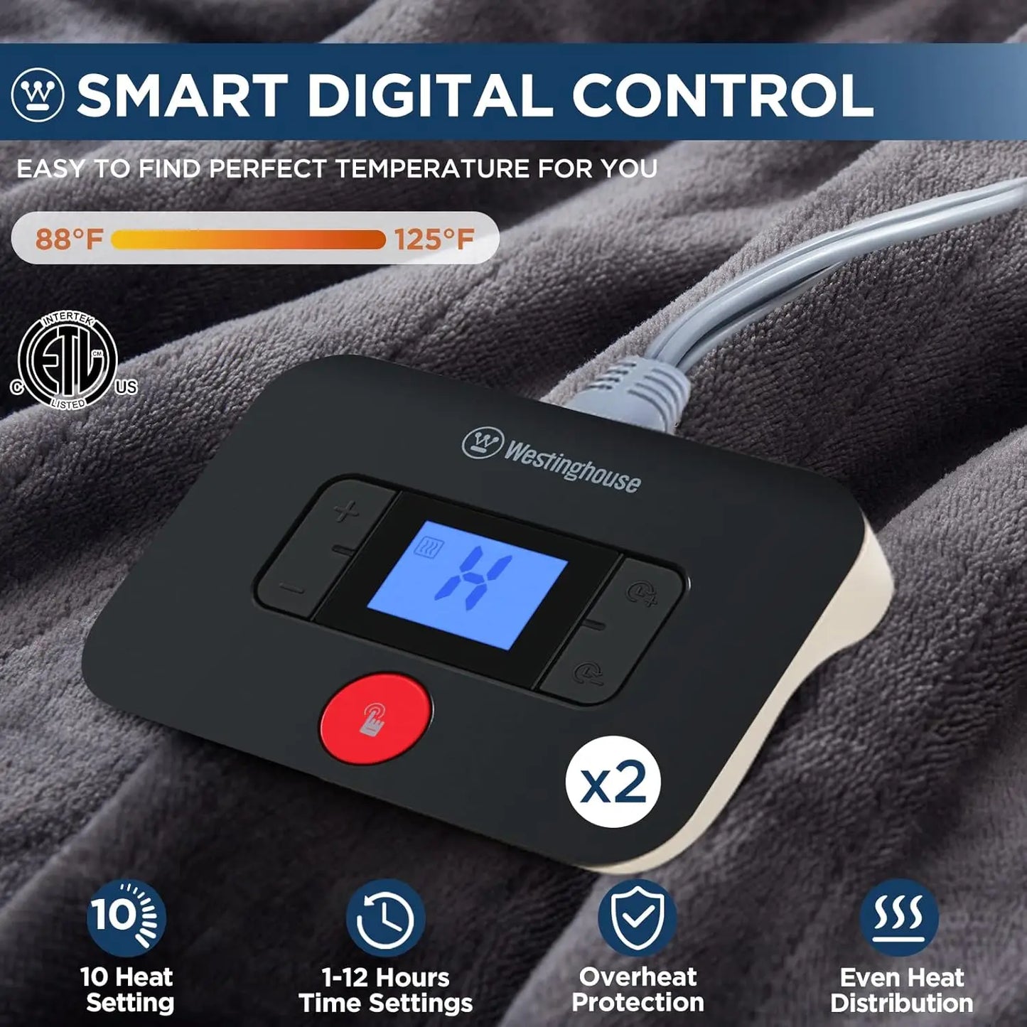 King Size Heated Blanket, 100" x 90", 10 Heat Levels, Auto-Off Timer, Machine Washable, ETL & FCC Certified