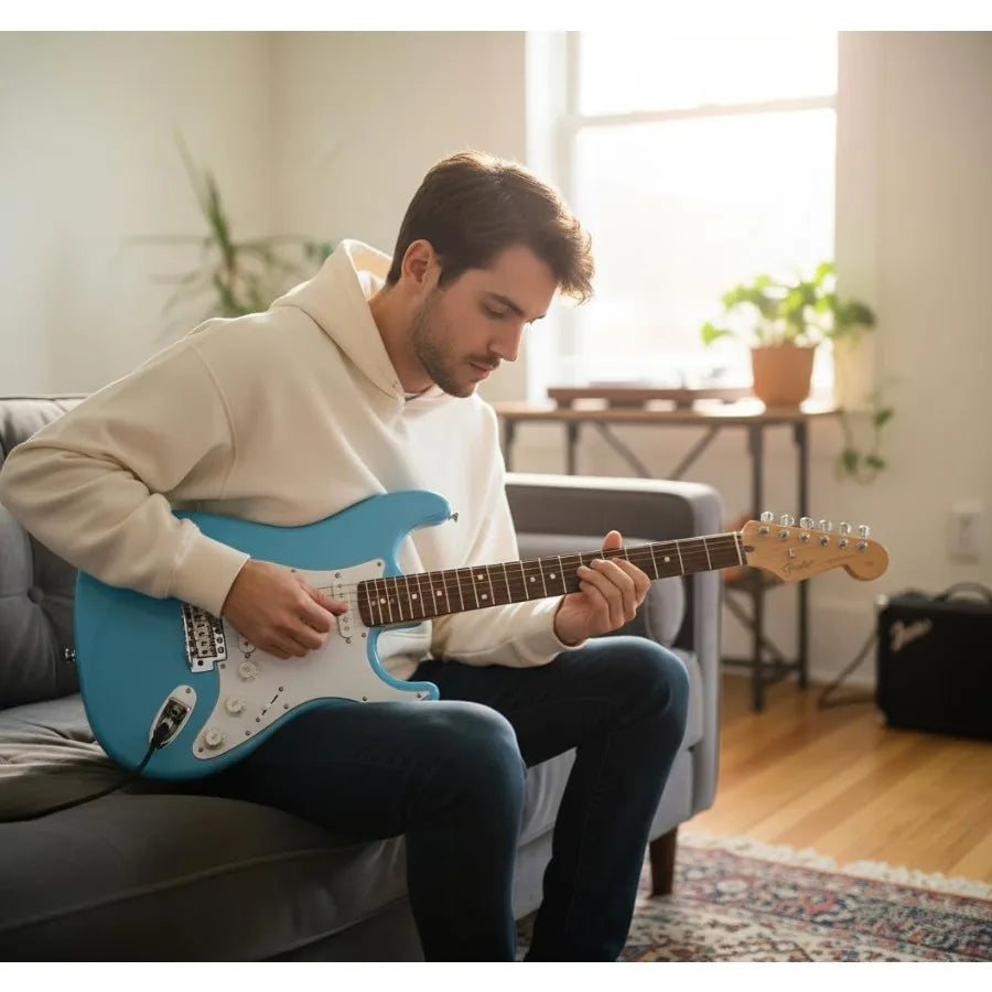 Squier Stratocaster Electric Guitar in Daphne Blue for Professional and Beginner Musicians - Versatile Tone Lightweight Design