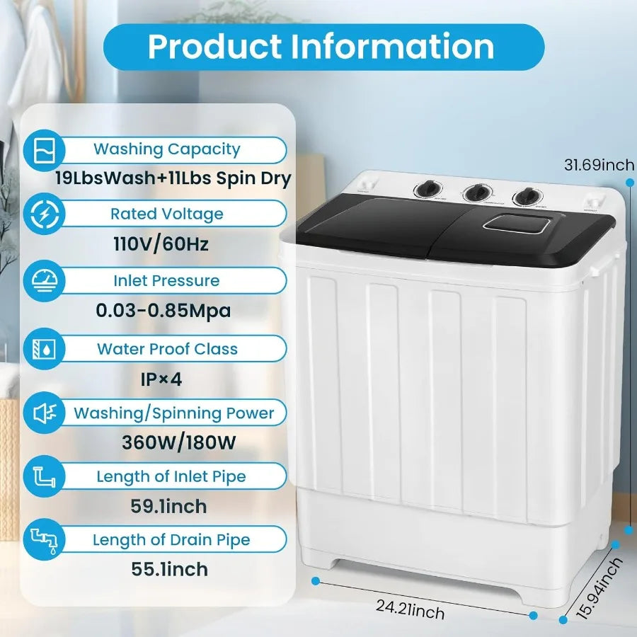 Portable Washing Machine 30Lbs Capacity Washer and Dryer Combo 2 In 1 Compact Twin Tub Laundry Washer 19Lbs Spinner (11Lbs) wit