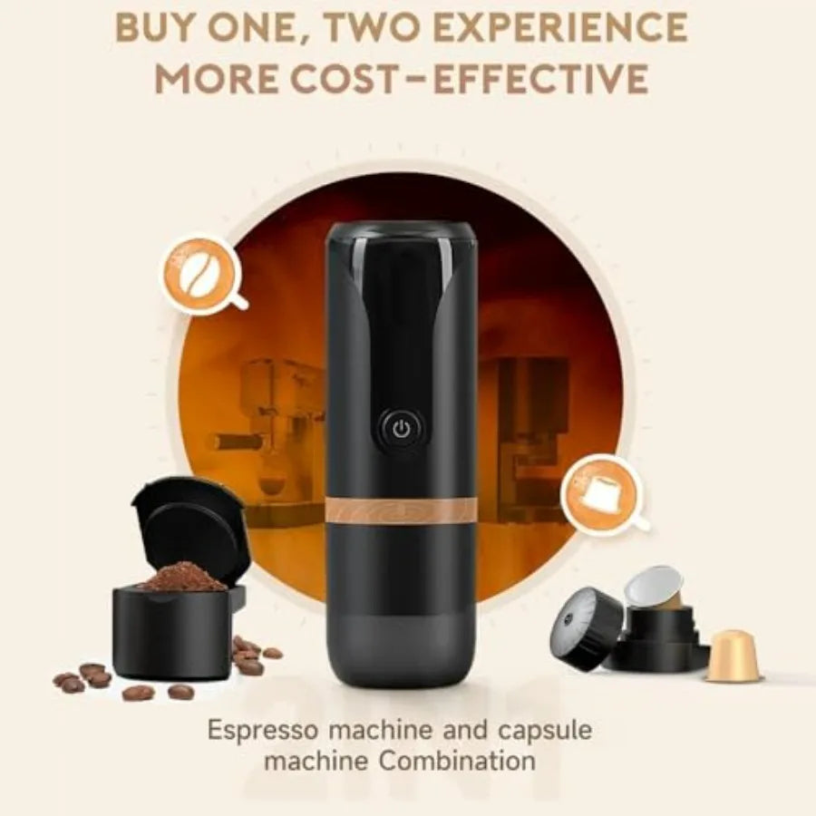 Portable Electric Espresso Coffee Maker for Camping Travel Home Use with NS Capsules and Coffee Grounds Self-Heating Version in