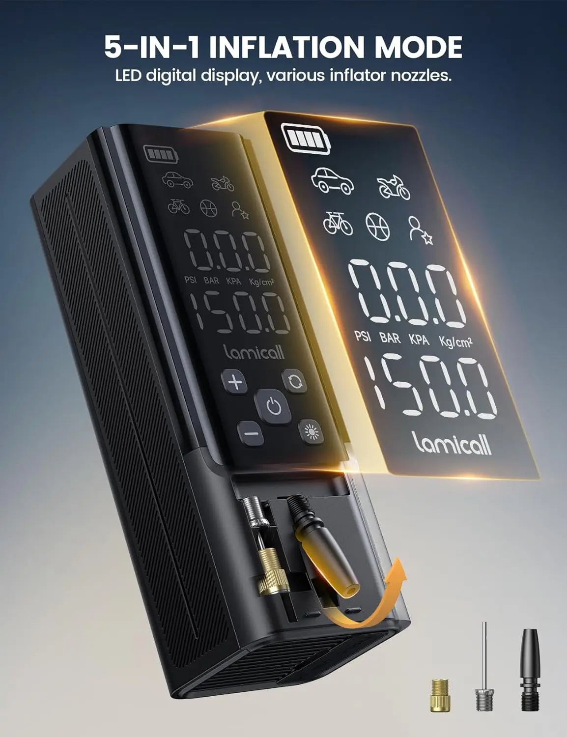 Portable Cordless Air Compressor 150 PSI, Digital Gauge & LED Light, Fast Inflator for Car, Motorcycle, Bike, Ball