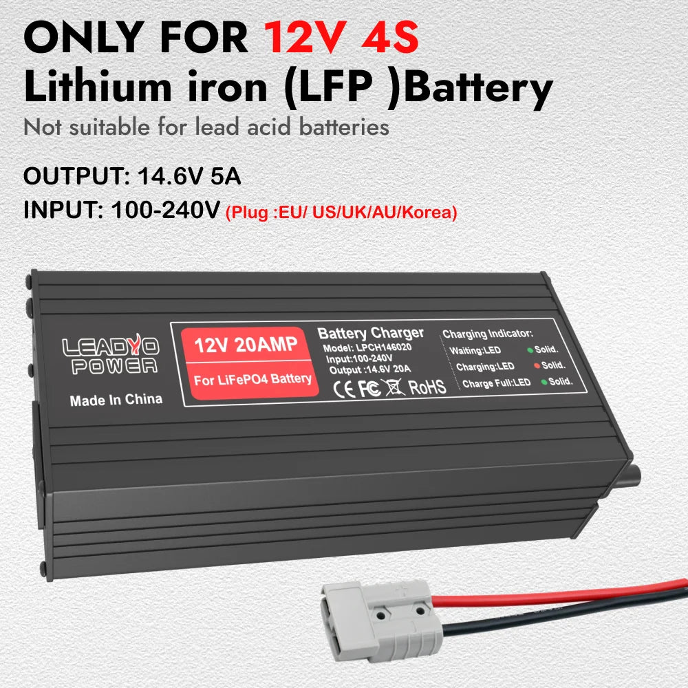 14.6V 20A Smart Lifepo4 Battery Charger 4S 12V High Power For Lithium iron Phosphate LFP RV Battery Pack 14.6V Smart Charger