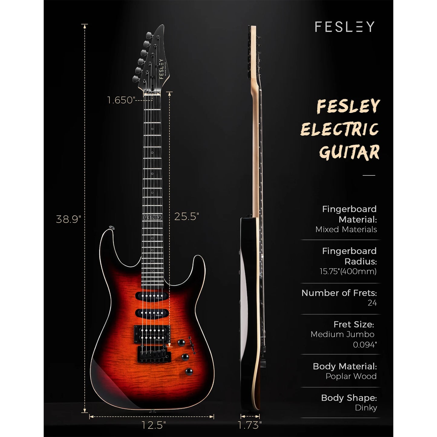 Fesley Electric Guitar, Full Size Solid Body Electric Guitar Beginner Kit, 6 String Guitar with HSS Pickups & 24 Frets,Sunburst