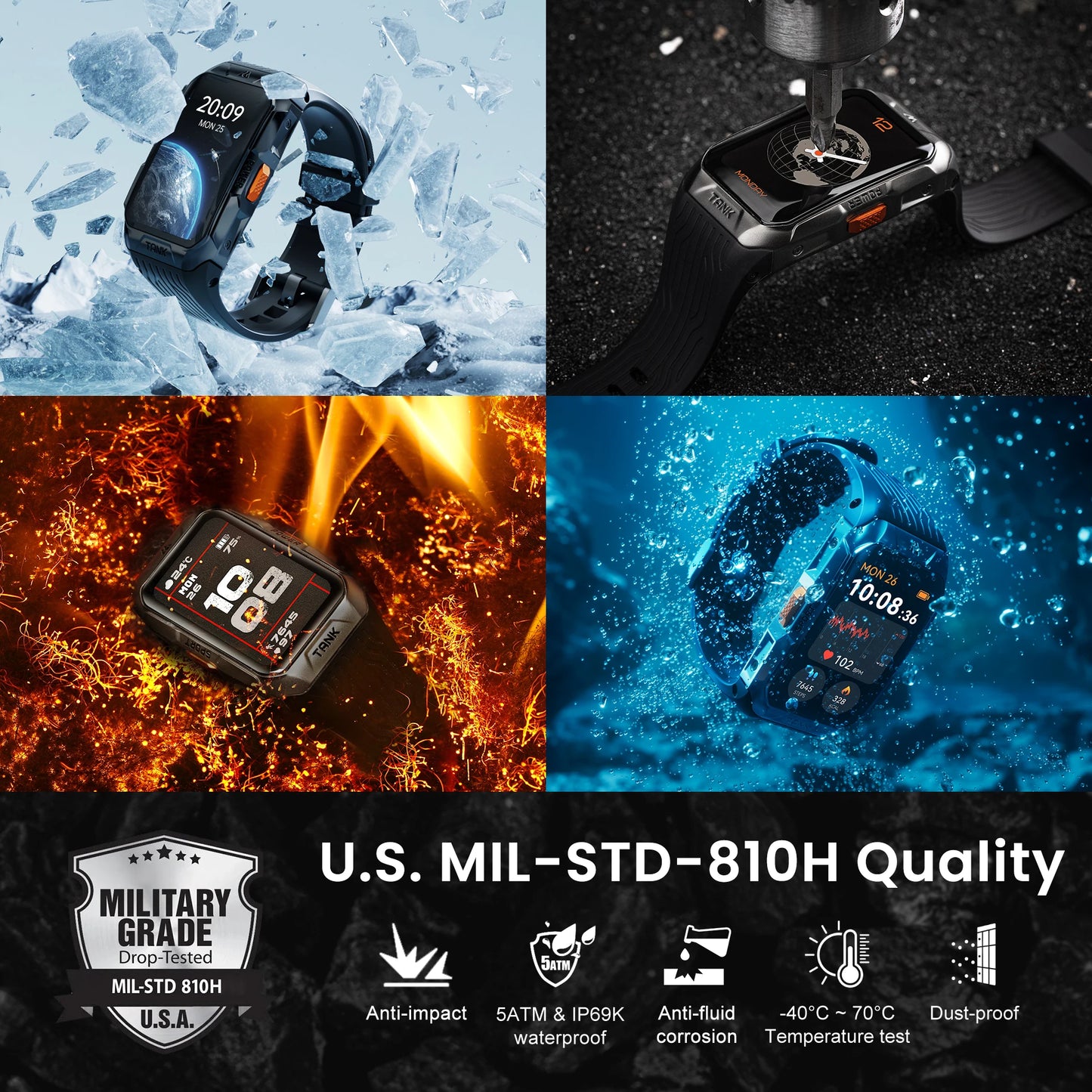 KOSPET TANK X2 Smart Watch For Men IP69K Waterproof 3D Curved Screen 1.64'' AMOLED Bluetooth Call 170 Sport Modes Smartwatch