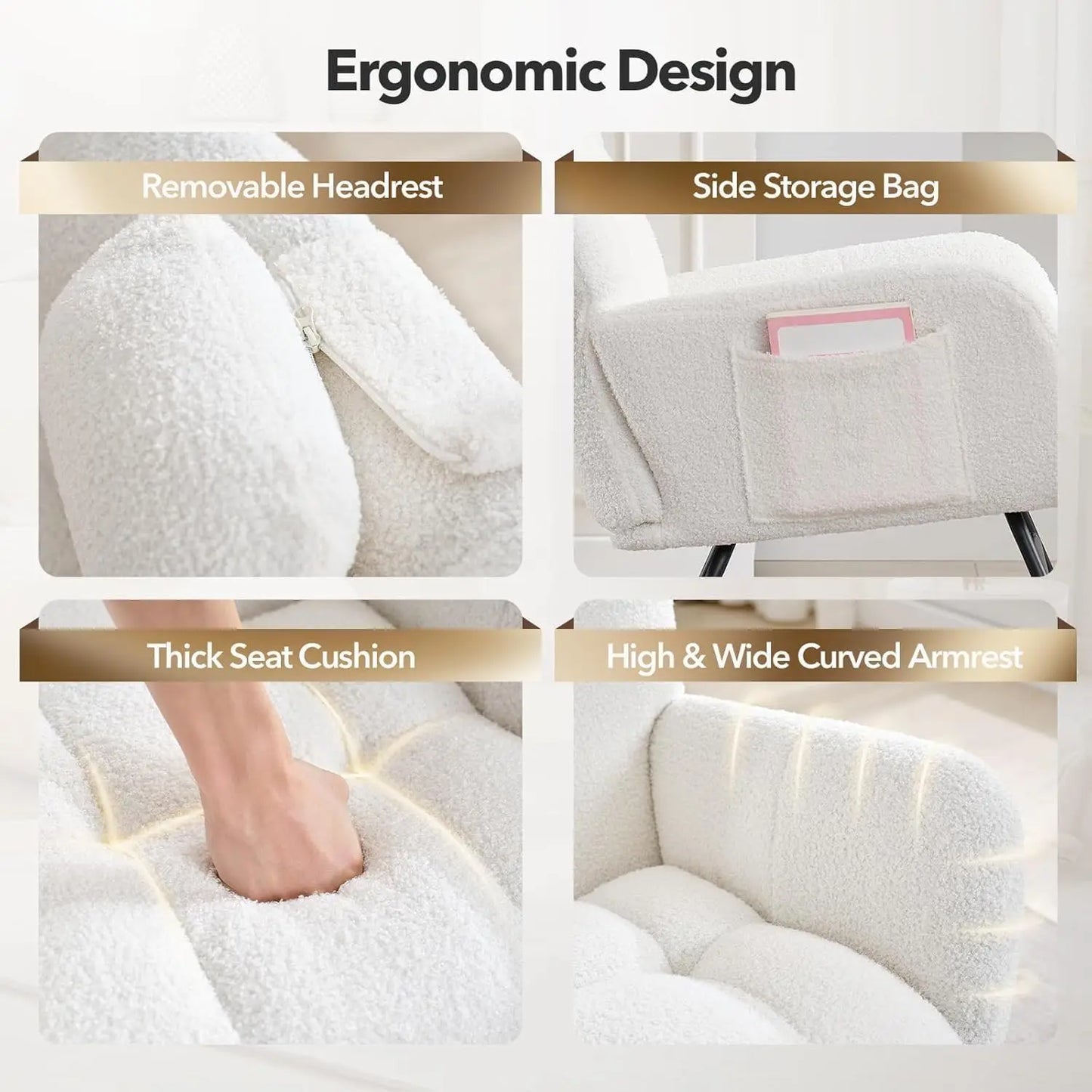 Modern Upholstered Nursery Rocking Chairs, with Side Pocket High Back Teddy Boucle Rocker Chair, Rocking Chair Backrest for Livi