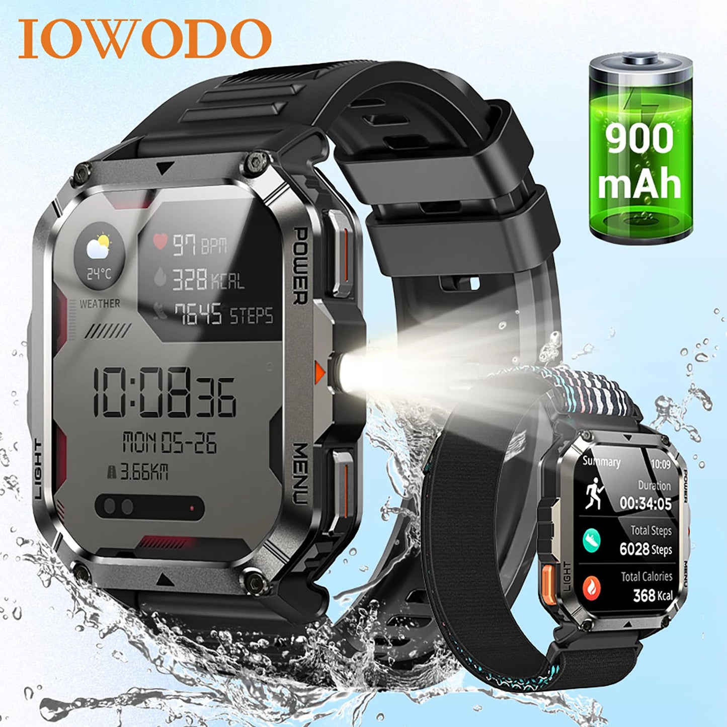 IOWODO 2025 New Outdoor Men's Smartwatch with Emergency Lighting Compass 900mAh W70 Pro 2.01'' TFT HD Screen Waterproof Watch