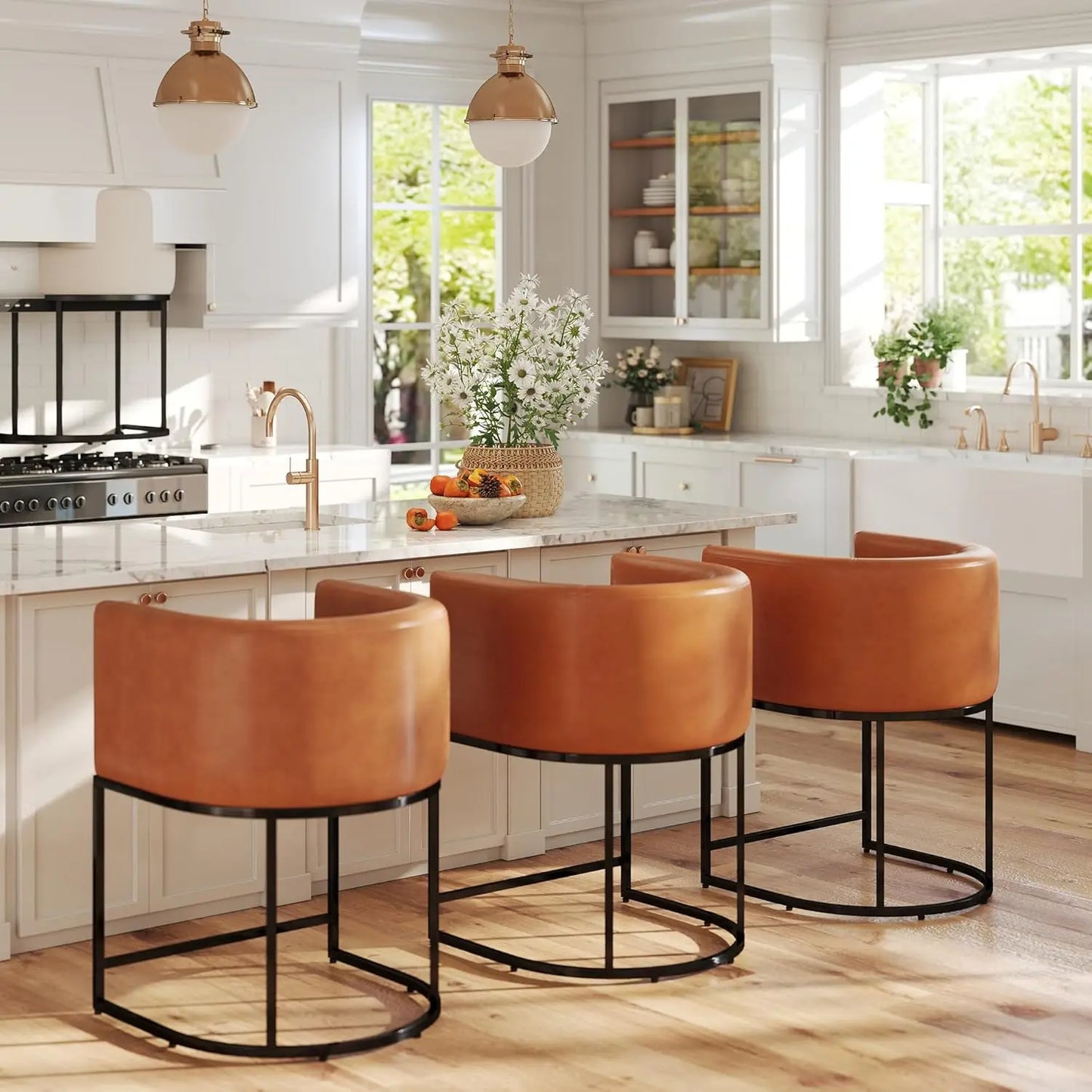 Modern Counter Height Linen Fabric Upholstered Counter Stools Set of 3, 24 Inch Kitchen Island Stool with Black, Customized