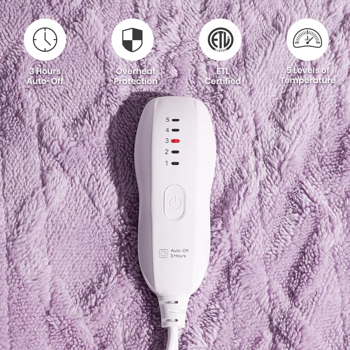 Soft Electric Heated Throw Blanket, 50x60 Inches, 5 Heat Levels with Auto-Off, Machine Washable in Purple