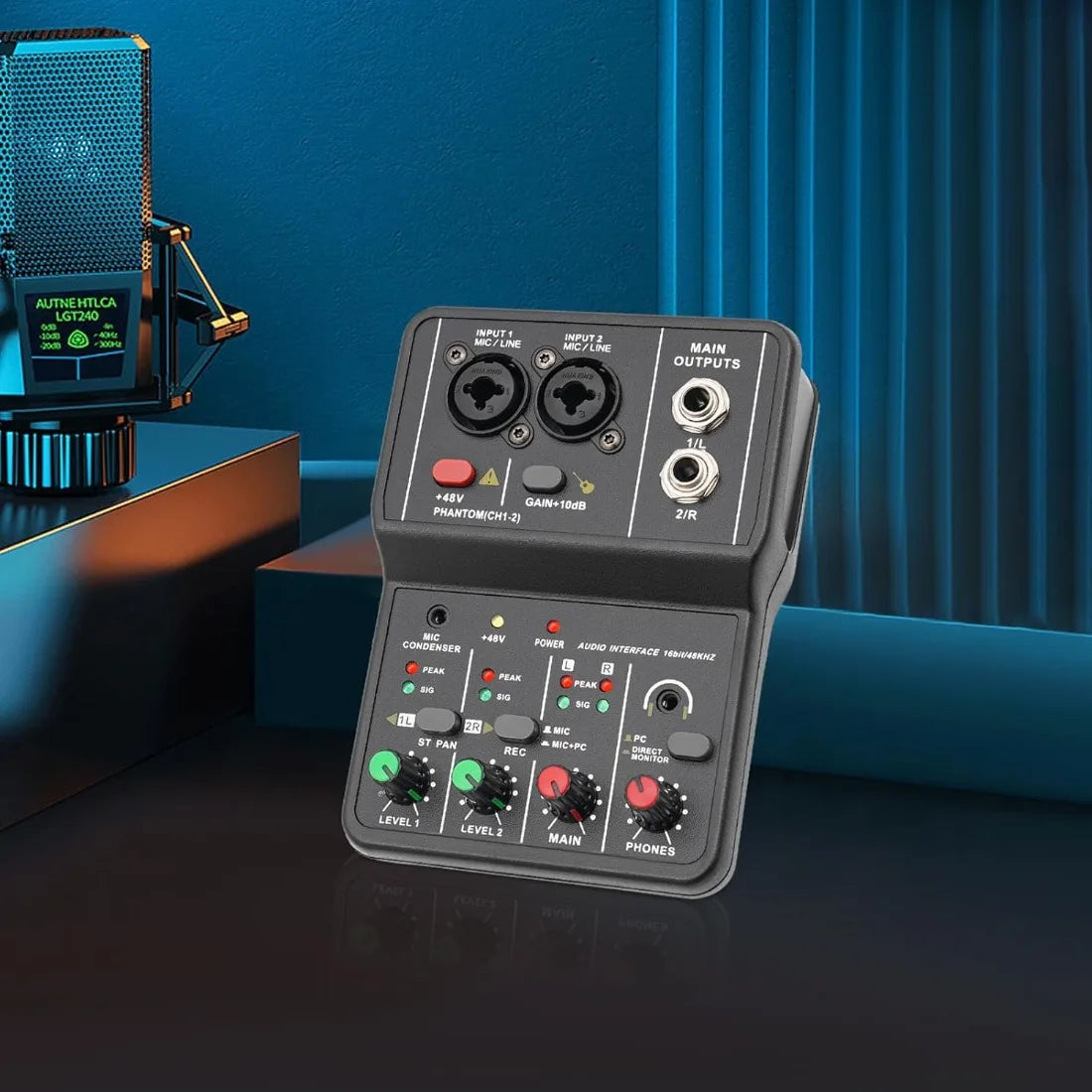 2-Channel Compact Audio Mixer with 48V Phantom Power Portable Sound Board for Karaoke/Recording/Live (3.9x5.5x1.7in, 0.48lbs)