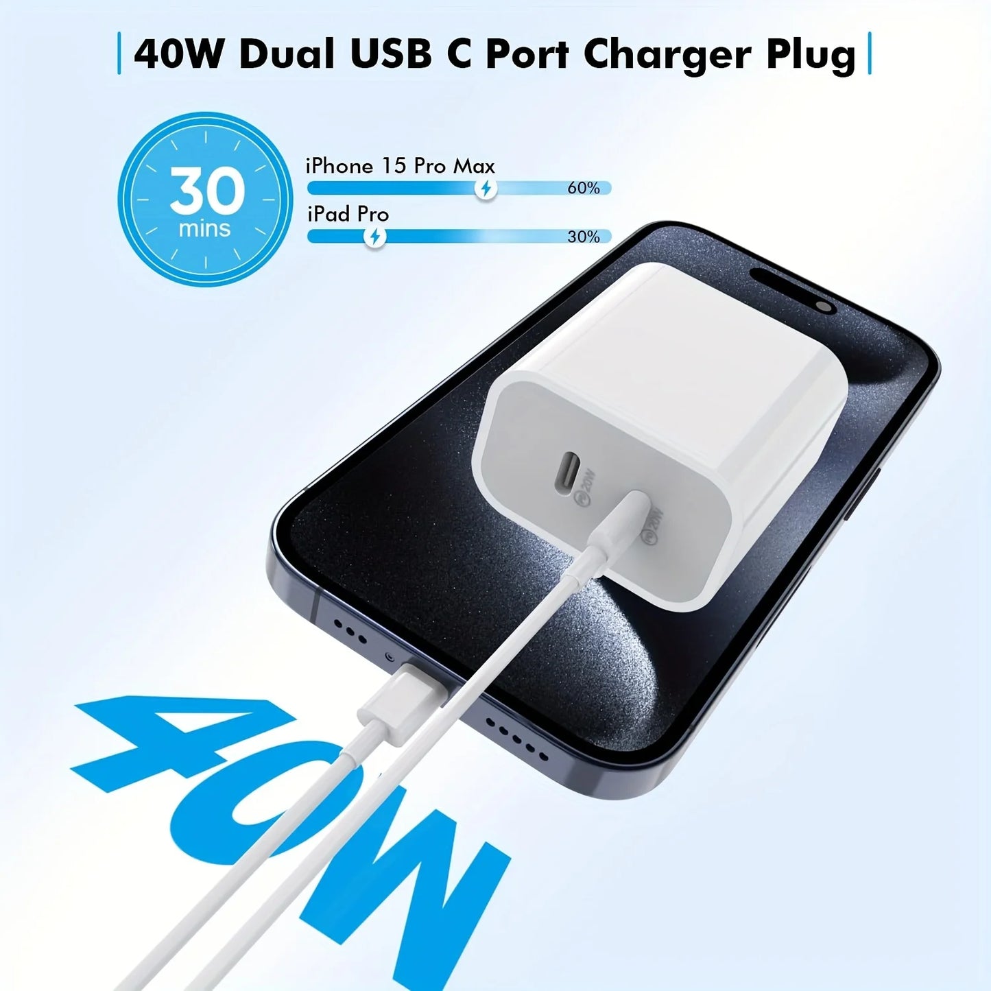 2Pack 40WPD Dual Port Charger Fast Charging With 10FT USB C To C Charging Cable For IPhone 15 Pro Max/15Pro/15/15Plus, IPad Pro